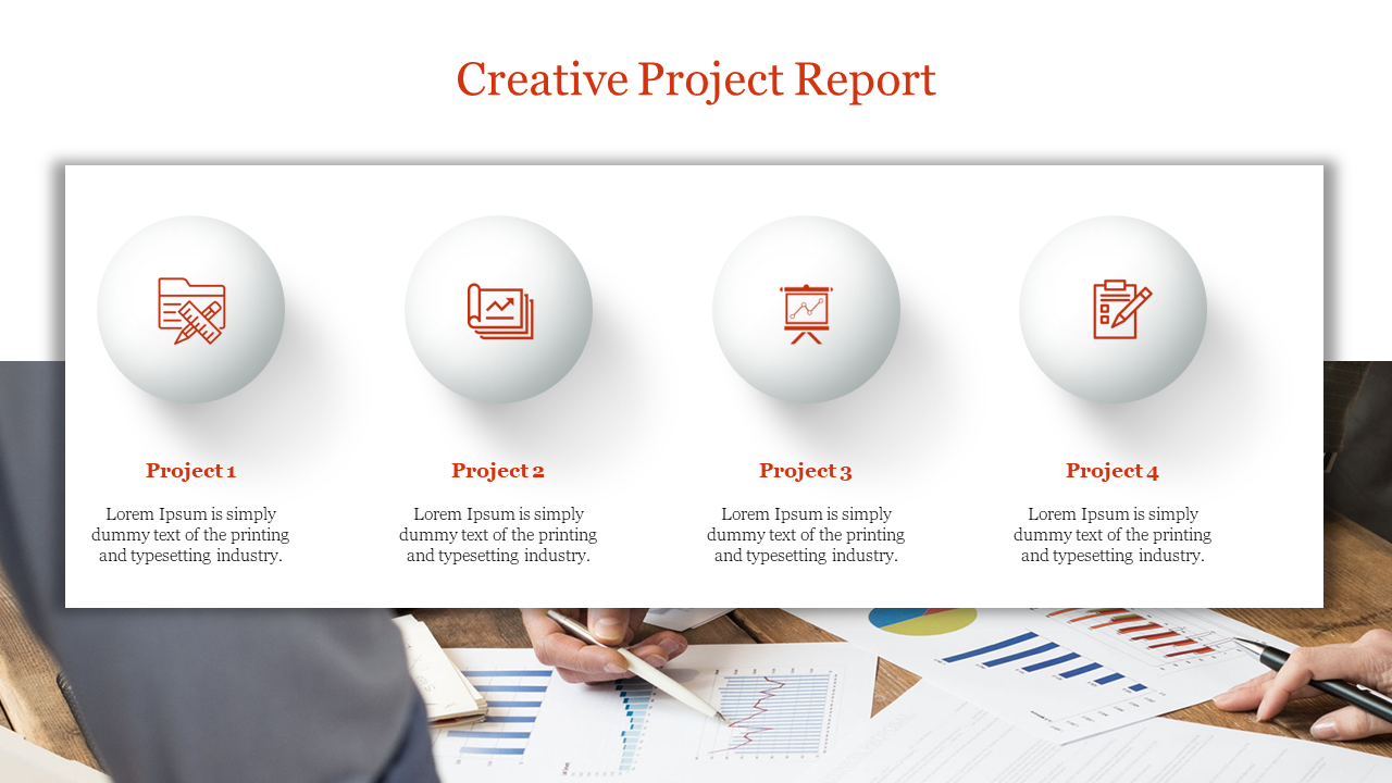 Project slide with four white circles featuring orange icons, set against a backdrop of charts and data.