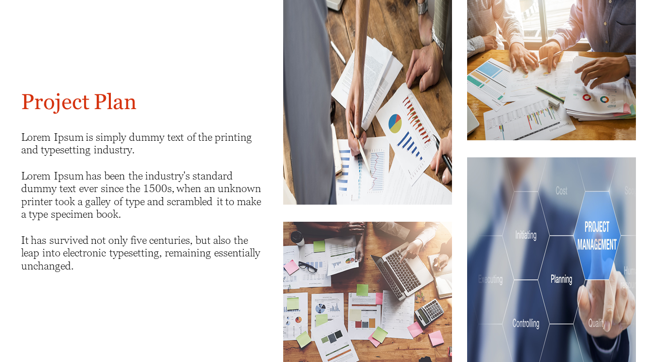 Slide featuring three images of people discussing plans and data, and a hexagonal project management diagram on the right.