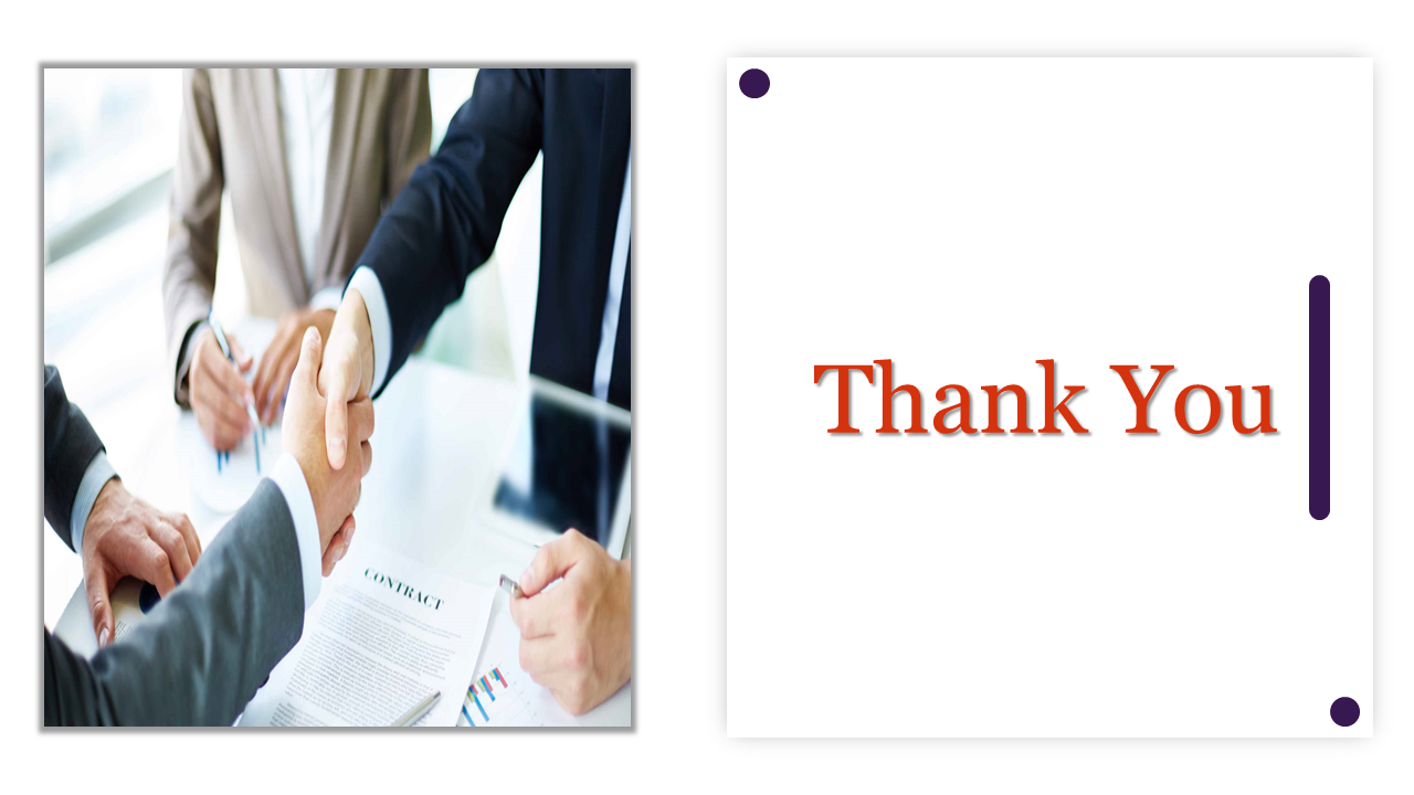 Thank you slide with a handshake photo on the left and red text on the right, on a white layout and purple accents.