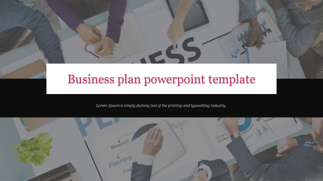 Overhead view of professionals collaborating on a business plan with a white presentation title centered in bold.