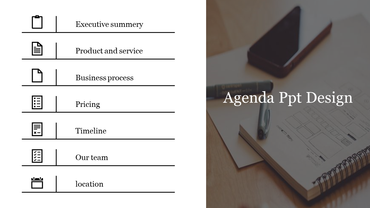 Agenda slide with icons and list of business topics on left, and blurred notebook image with title on right.