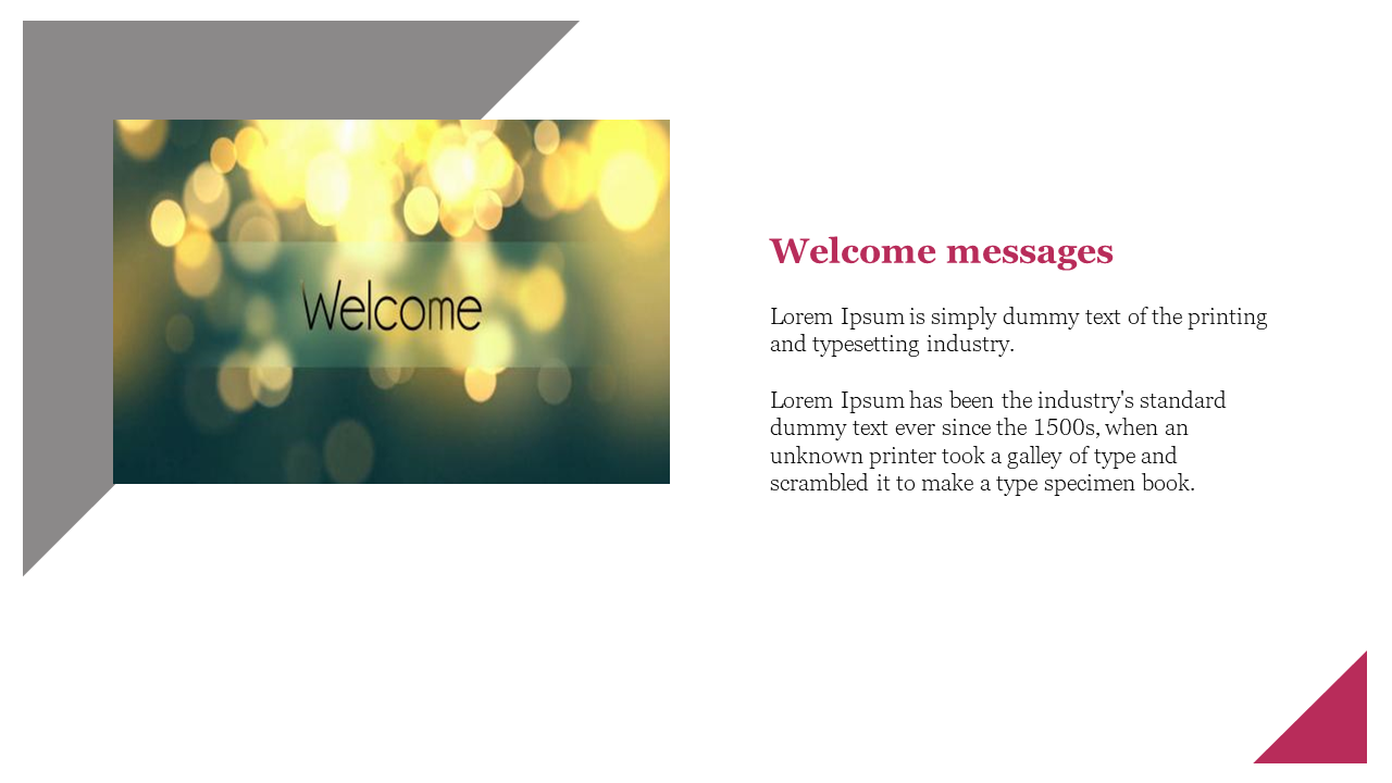 Slide with blurred yellow lights on left and welcome text, with pink headline and placeholder on white background.