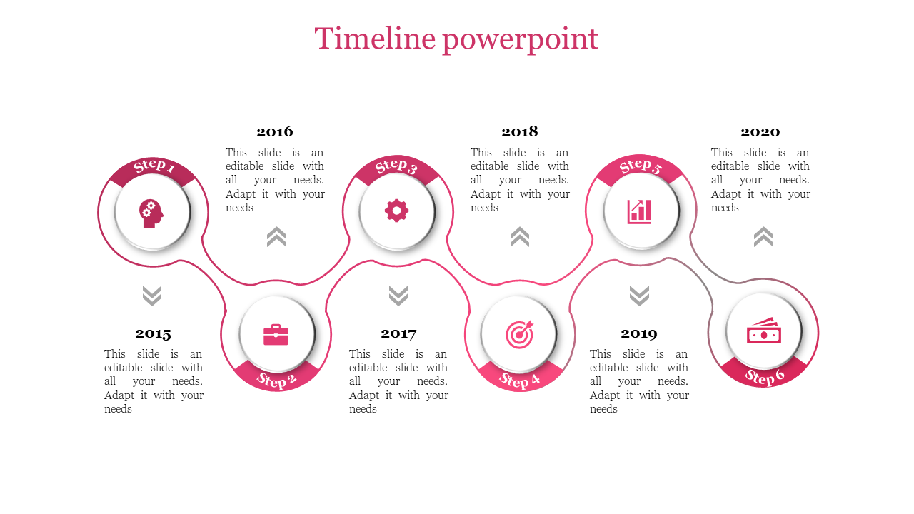 Zigzag timeline with six pink and white circular icons, each labeled with a year from 2015 to 2020 and decorative text.