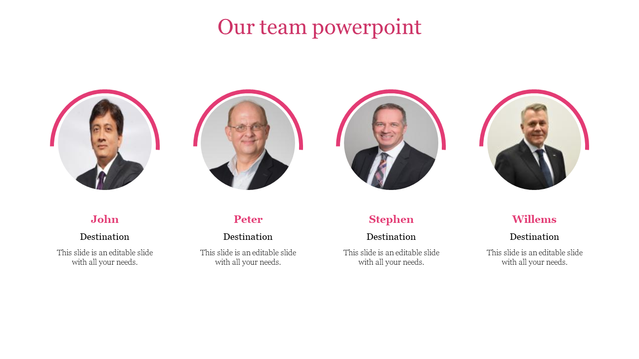 Team layout featuring four circular portraits with pink arcs, names and roles below, laid out in a white background.