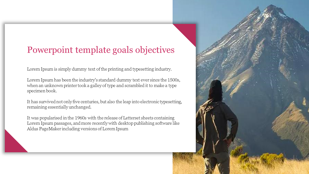 White content block with pink corner accents over mountain photo showing a person facing a snowy peak.