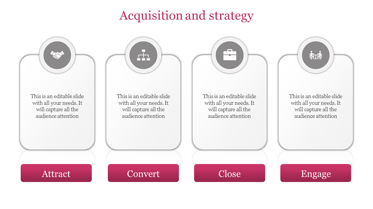 Four vertical white boxes with gray icons and pink buttons below, showing acquisition and strategy.