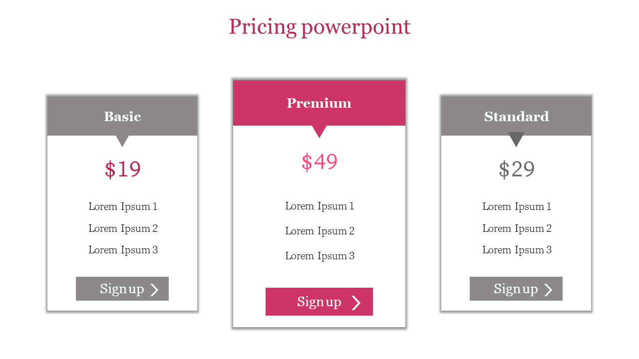 Three vertical pricing cards in gray and pink with dollar amounts and sign up buttons centered under each plan.