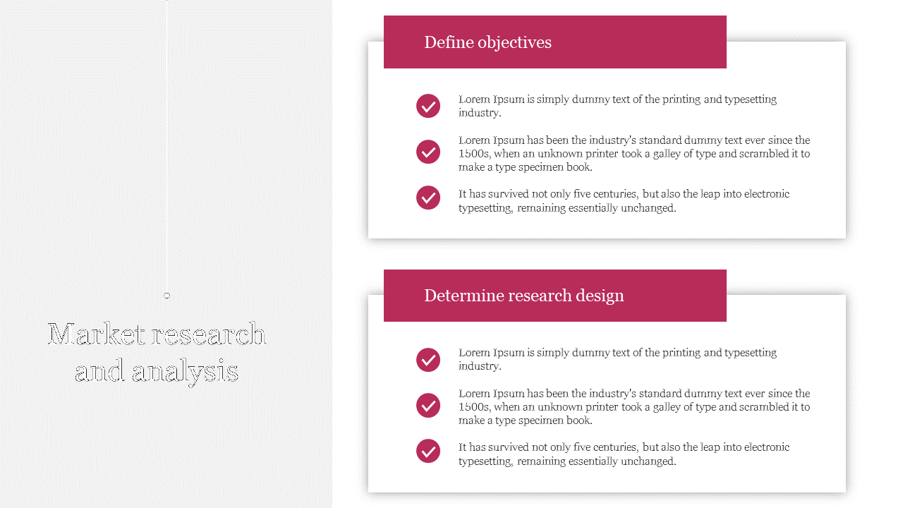 Left aligned title with a vertical line pointing to two white boxes on the right, each with pink headers and checkmark icons.