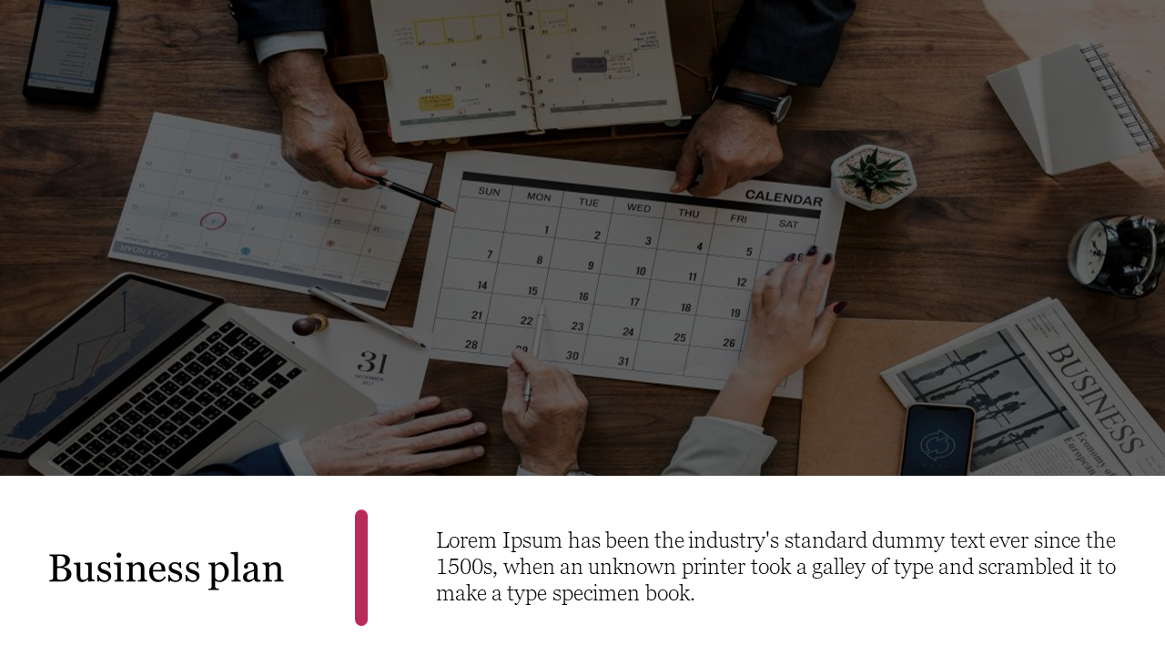 Darkened photo of hands planning with calendar and laptop, and lower white section with title and text split by pink line.