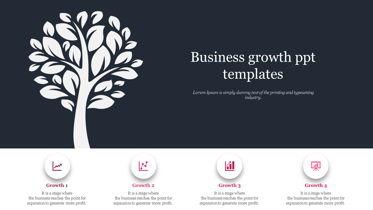 Dark background with white tree illustration and four pink growth icons with text in a row below.