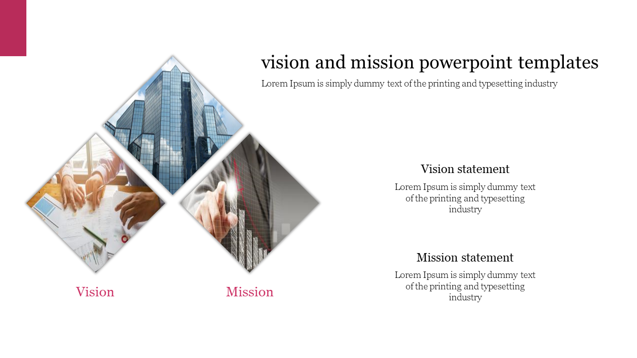 Geometric layout with three diamond photo tiles on left, pink labels for vision and mission, and text boxes on the right.