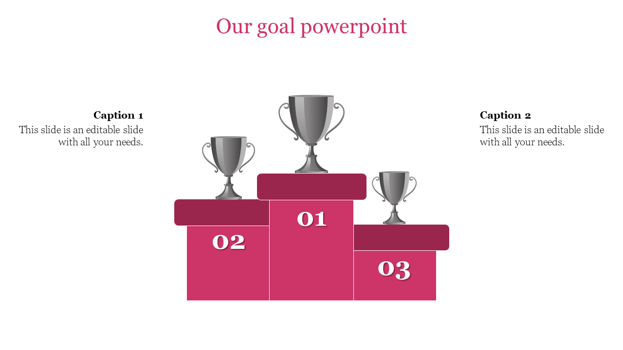 Three tiered pink podium with silver trophies on top, numbered 01 to 03, and captions on both sides.