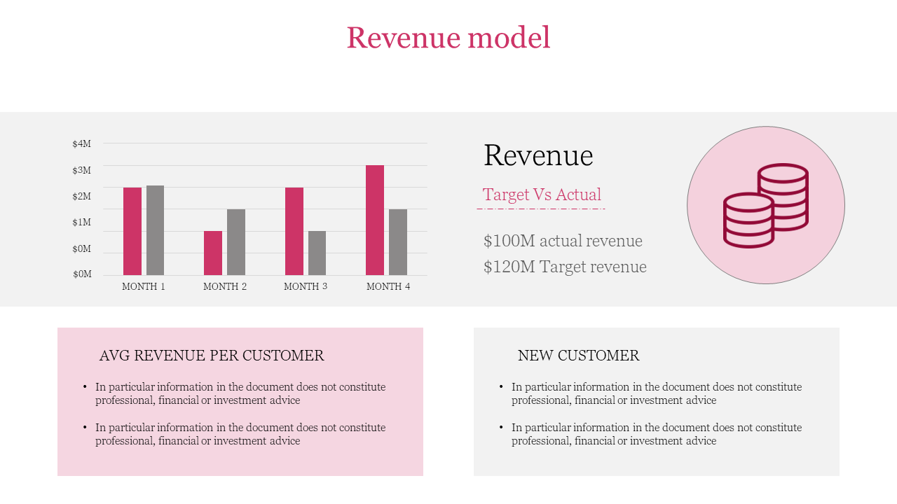 Pink and gray themed slide with side by side revenue bars, circular coin icon, and bottom info blocks.