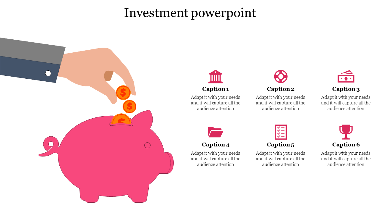Pink piggy bank on left with hand dropping coins, and six icons with captions aligned in two rows on the right.