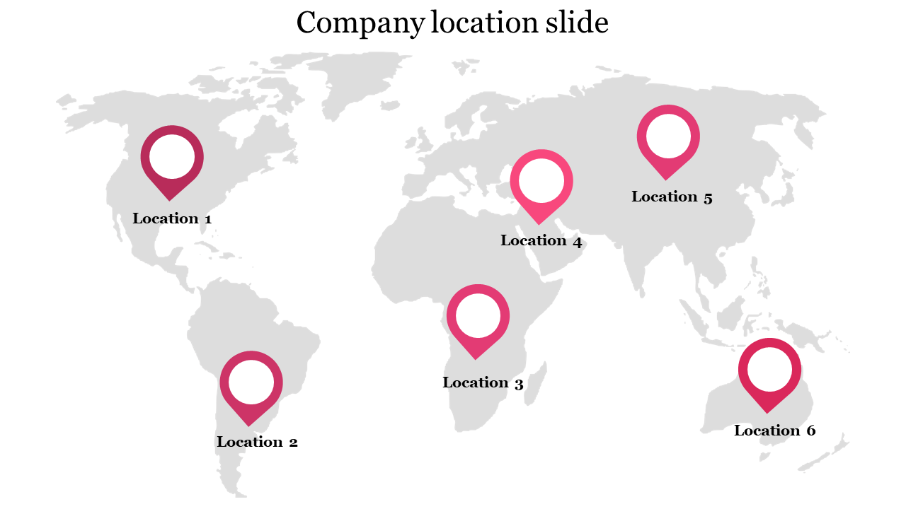 Light gray world map with six pink pin icons evenly placed across continents, each labeled with black text.