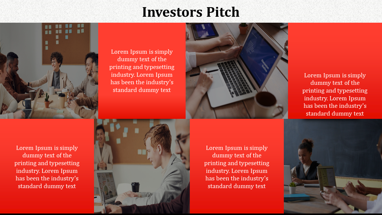 Grid layout with eight alternating red text blocks and business themed images on a light background.