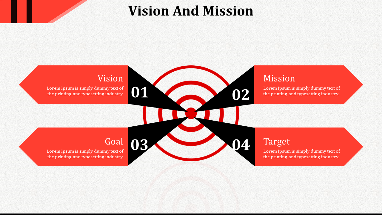 Circular target graphic at center with four black wedges and red arrows extending outward, labeled with vision and goals.