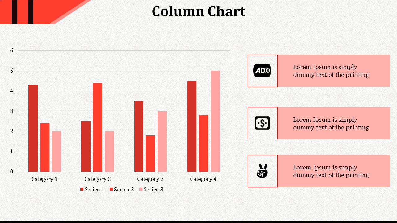 Vertical bar chart in red tones on left, with three pink content boxes and black icons aligned on the right.