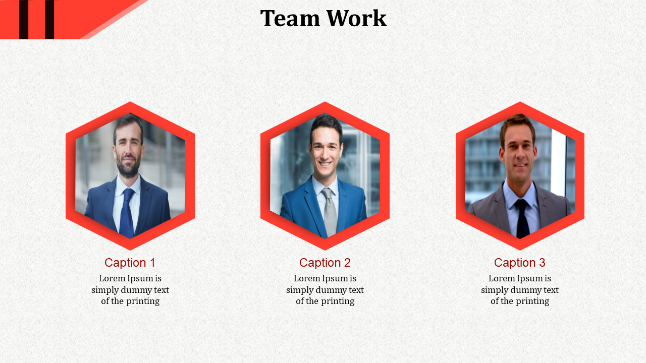 Three photos of men in suits inside red hexagons, aligned horizontally on a light textured background with bold title above.