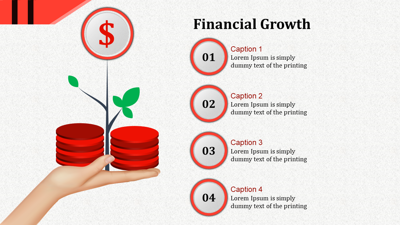 Light background with a hand holding red coins growing into a plant, and four numbered circles aligned vertically.