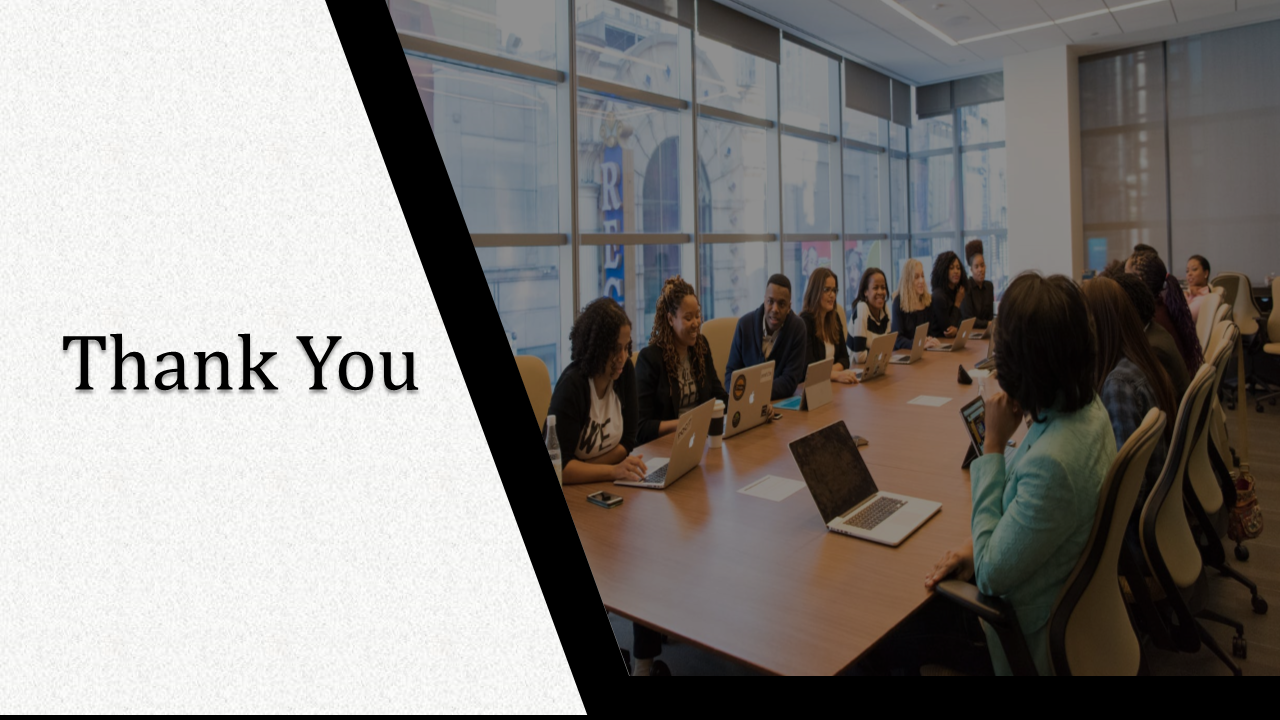 Diagonal split slide with white textured background featuring bold black text on the left and office meeting photo.