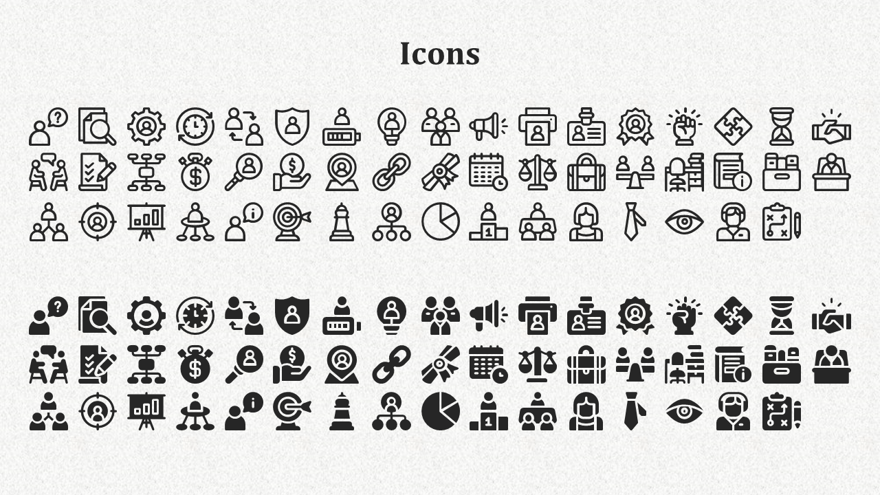 Two sections of business themed icons in black, using outline and solid styles, arranged in rows on light gray background.