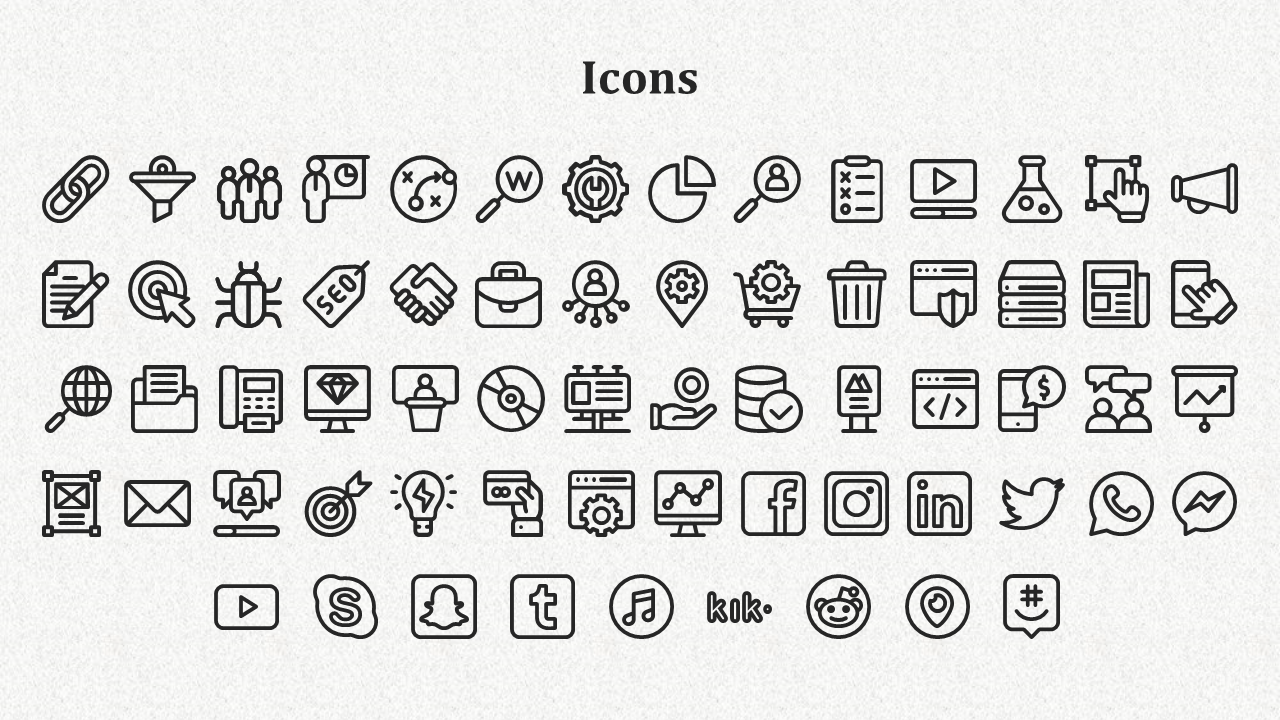 Light gray background with five rows of minimal black outlined icons including charts, users, and social media.