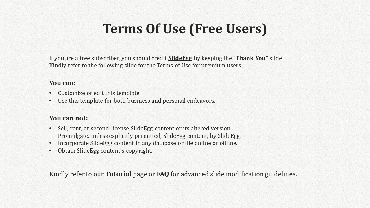 Gray textured background with bold centered heading and two black bulleted lists, outlining free usage rights.