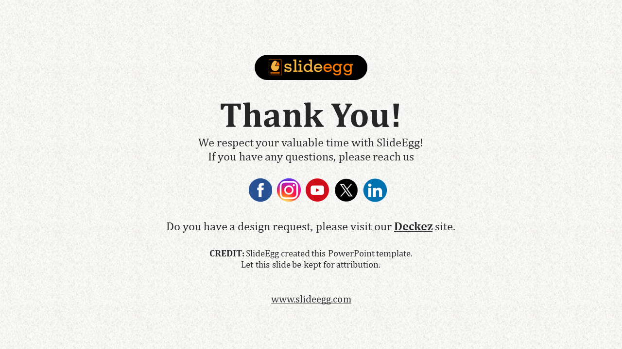 Gray textured background with centered thank you text, circular social icons, and a black rounded rectangle logo.