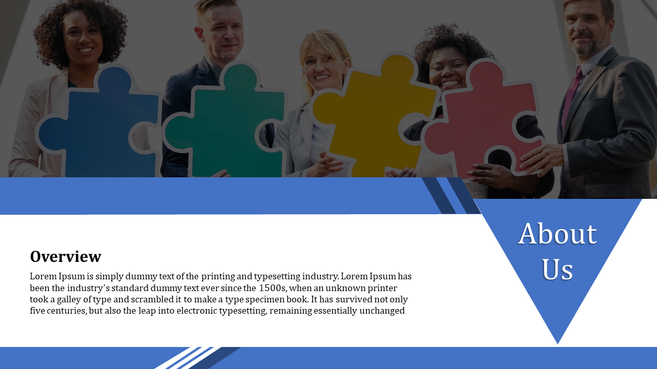 Group of team holding colorful puzzle pieces with a blue and white layout and triangle side panel on the right.