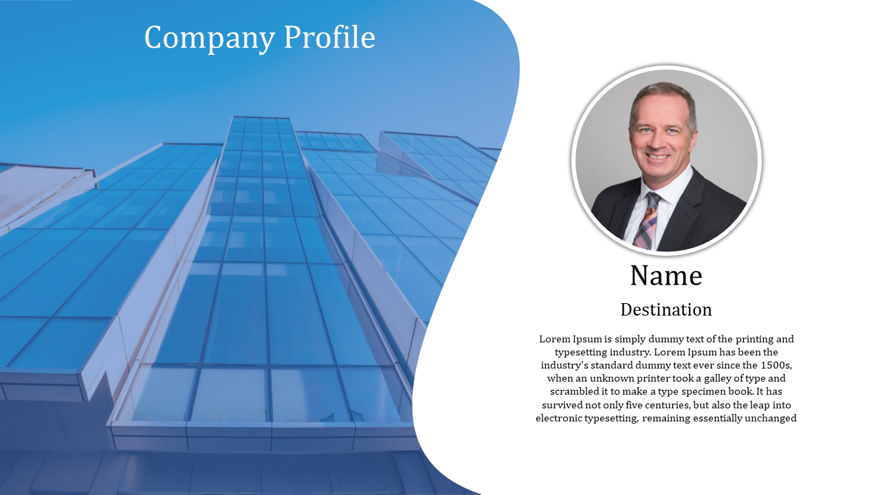 Corporate slide with blue glass building on left, and white curved shape on right, featuring a circular photo frame.