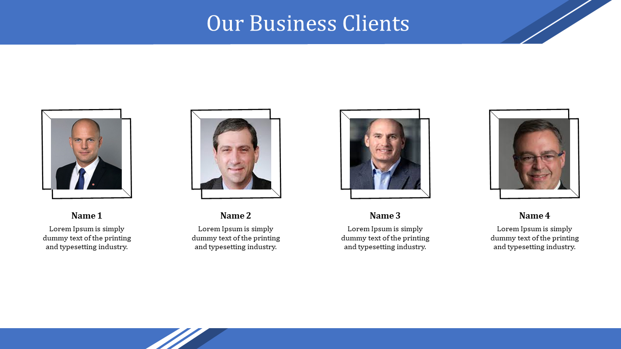 Client slide displaying four professional photos of male individuals, each enclosed in a double layered frame.