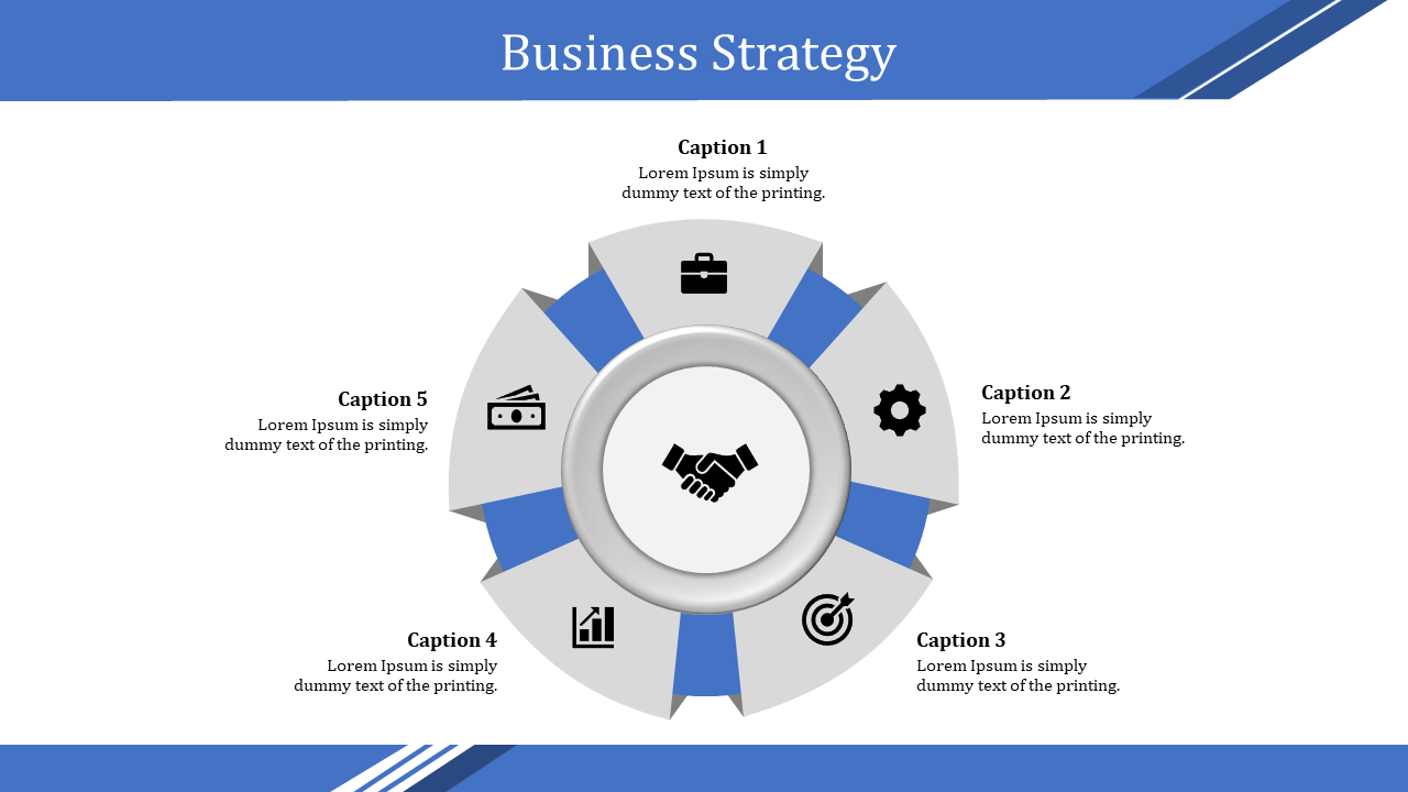 Circular business strategy diagram with a handshake icon, surrounded by five blue and gray segmented sections with icons.