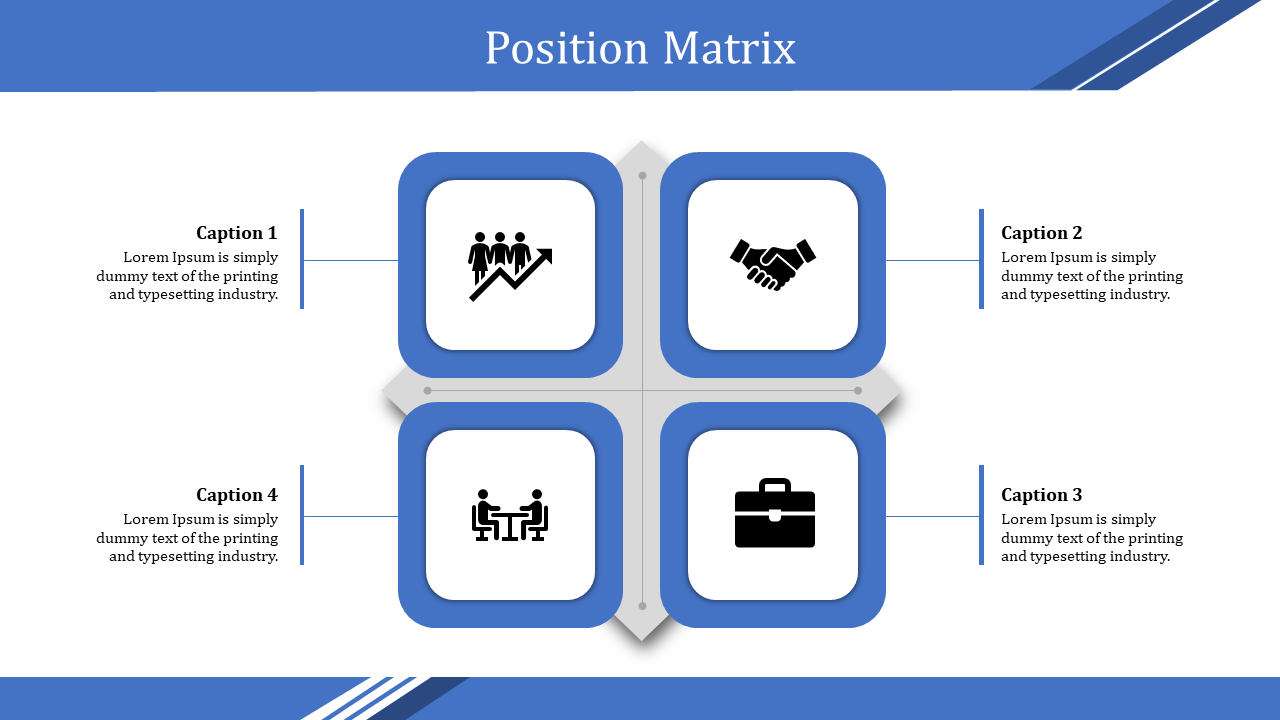 Blue themed position matrix with four rounded square sections, each with an icon, connected by a gray cross in the center.