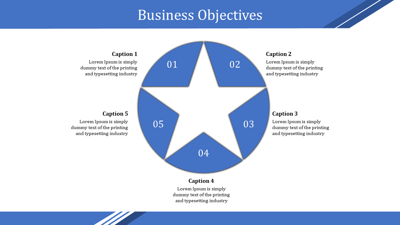 Business featuring a blue circular star shaped diagram with five numbered sections and captions around it.