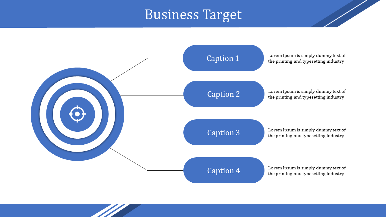 Business target diagram with a blue bullseye on the left and four labeled caption boxes on the right, connected by lines.