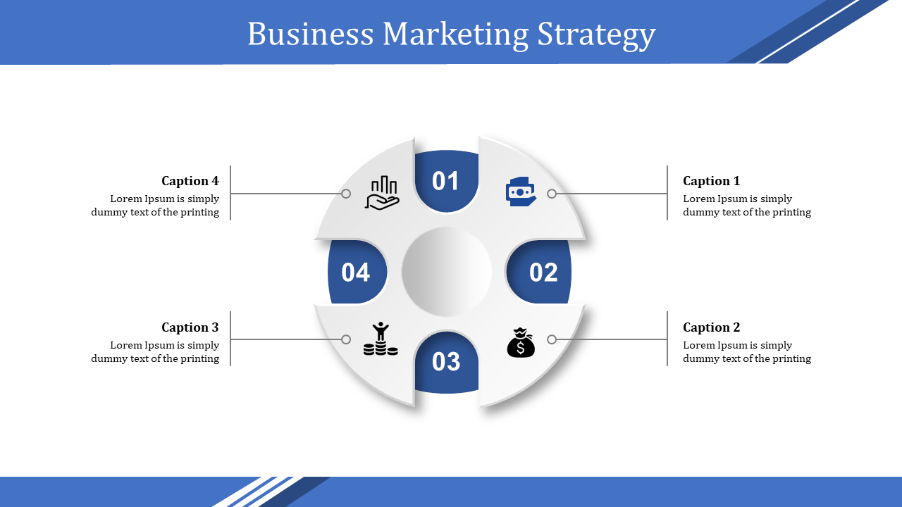 White circular business marketing strategy diagram with four blue numbered sections, each with icons and captions.