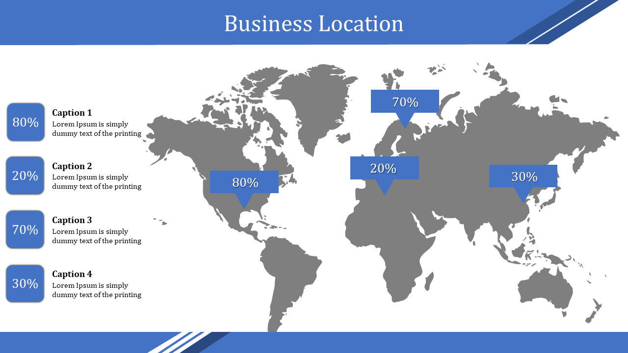 Slide with a gray world map, featuring four blue percentage labels, and captions highlighting business locations.