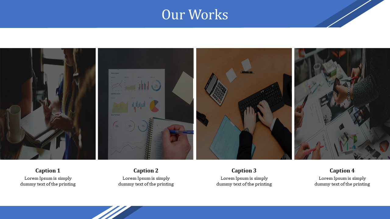 Blue and white layout with four square images in a row, each showcasing business tasks with graphs, meetings, and teamwork.