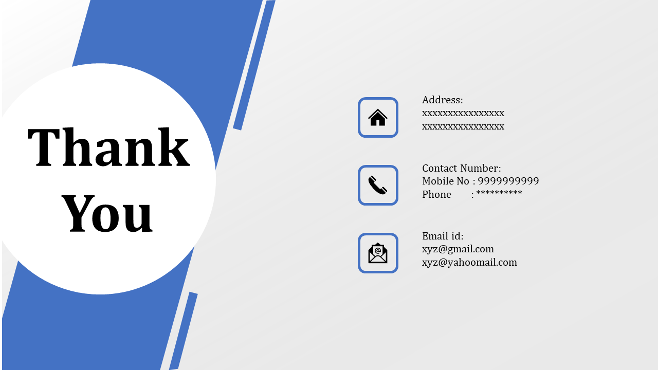 Slide with a thank you message on a large white circle with blue accents, and contact details with icons to the right.