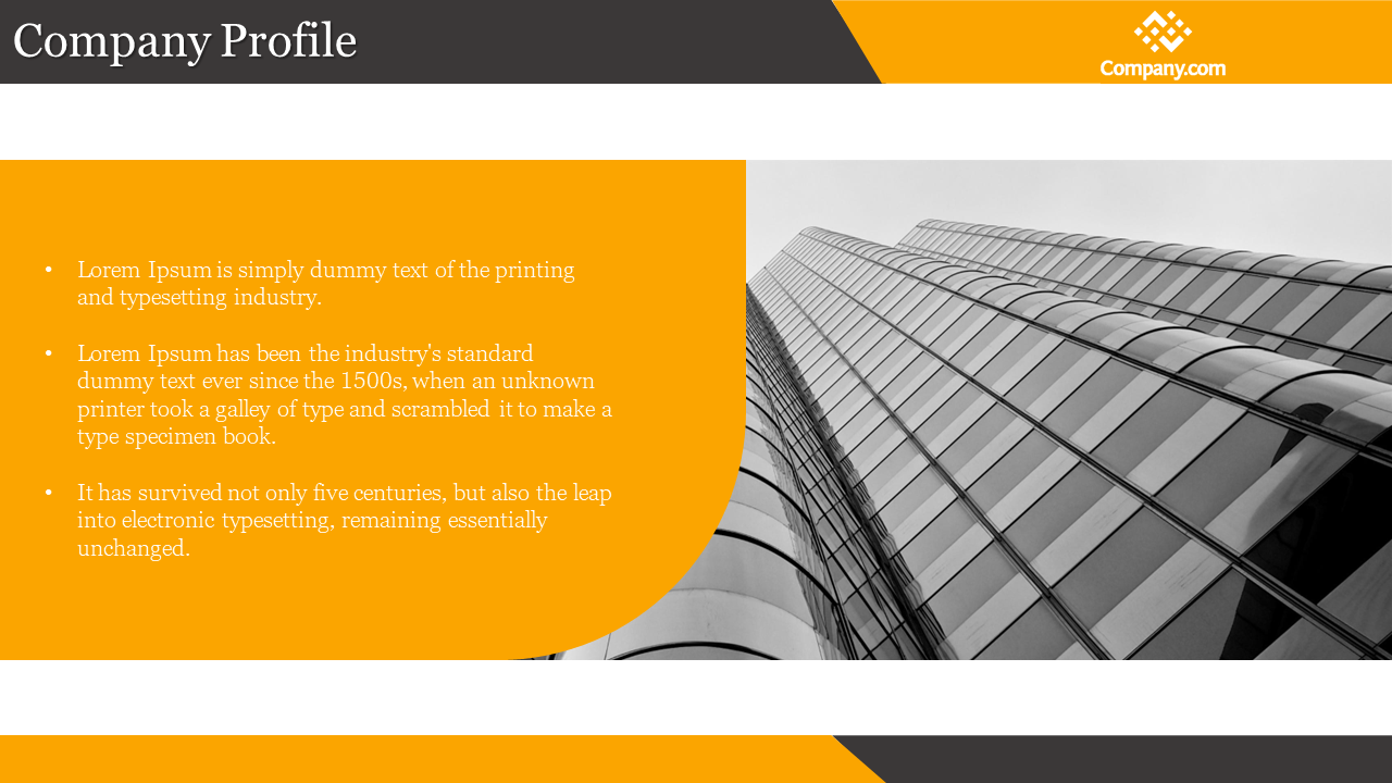 Modern slide with orange and gray accents, showcasing a high rise building image in black and white with text on the left.