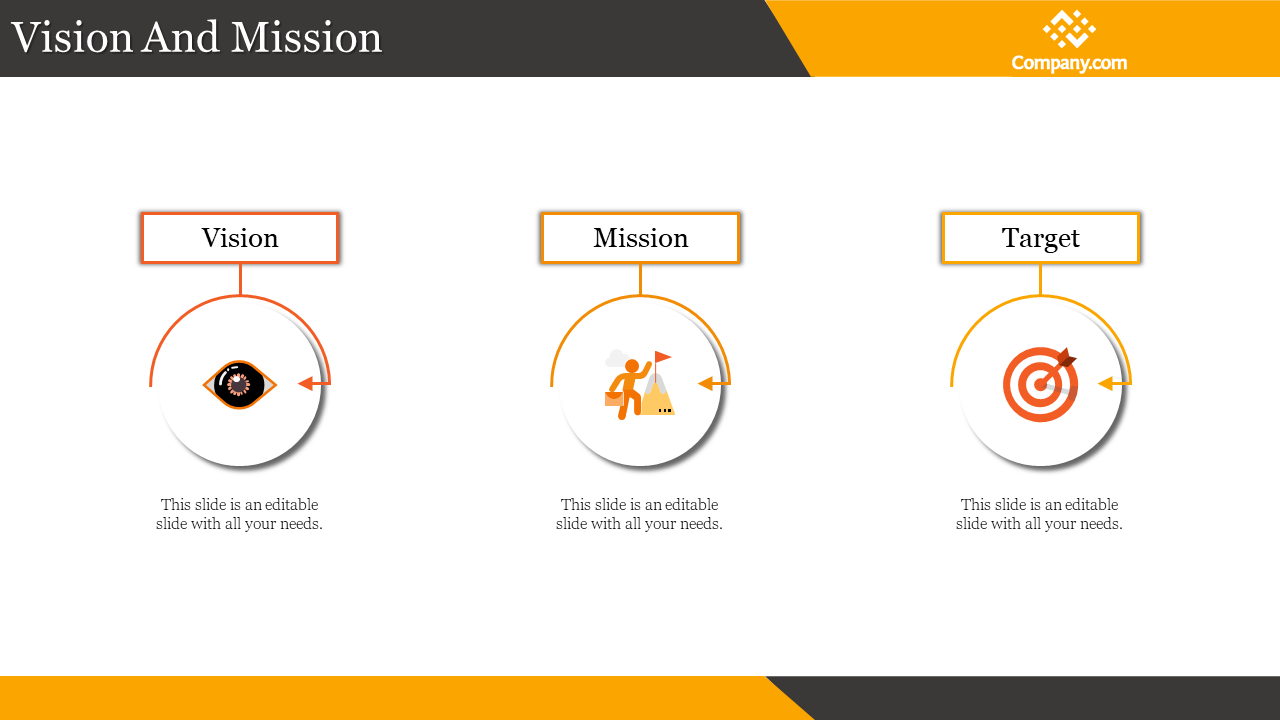 Slide with three orange circular icons representing vision, mission, and target, each labeled with text.