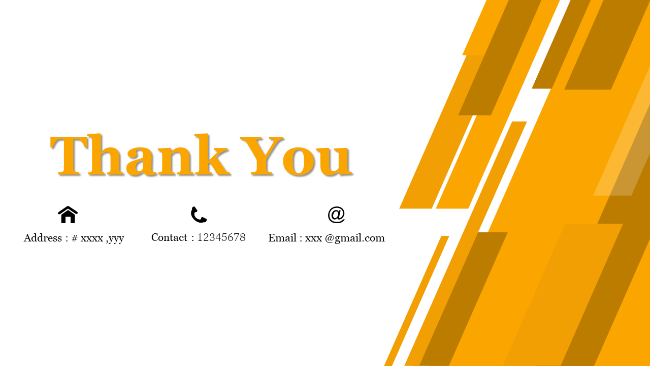 Thank you slide with bold title, black icons, and contact details, featuring dynamic orange and yellow diagonal shapes.