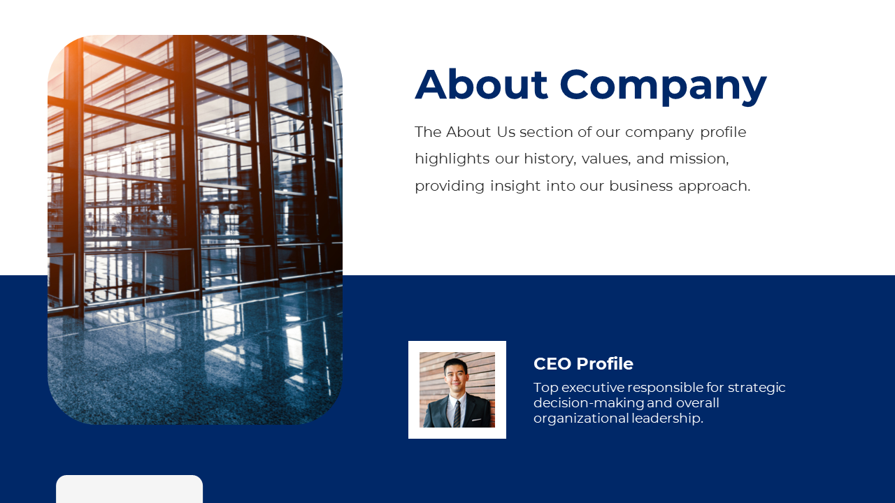 Office interior with large windows and CEO portrait with company mission and approach details on a blue and white layout.