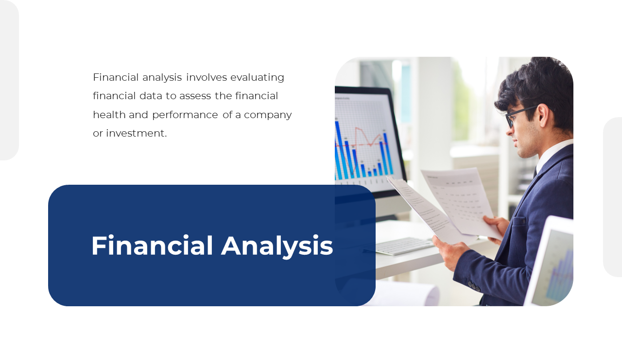 Man in suit reviewing financial documents with bar charts on screen, beside bold blue title box.