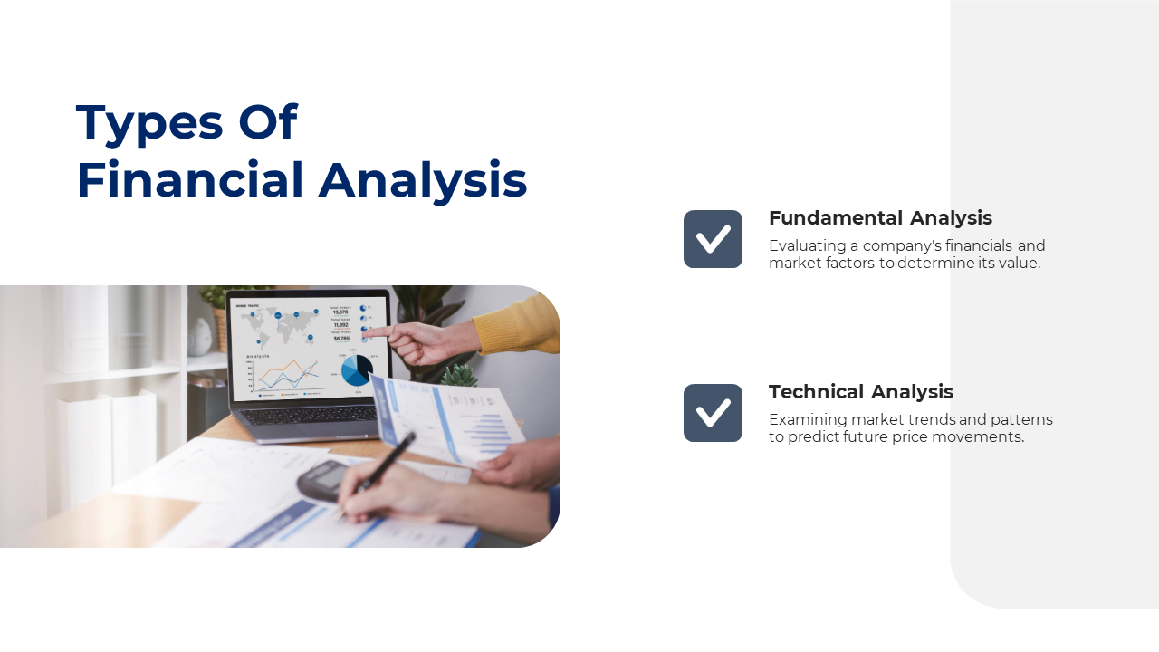 Side by side layout with a laptop showing charts on the left and analysis types with blue check icons on the right.