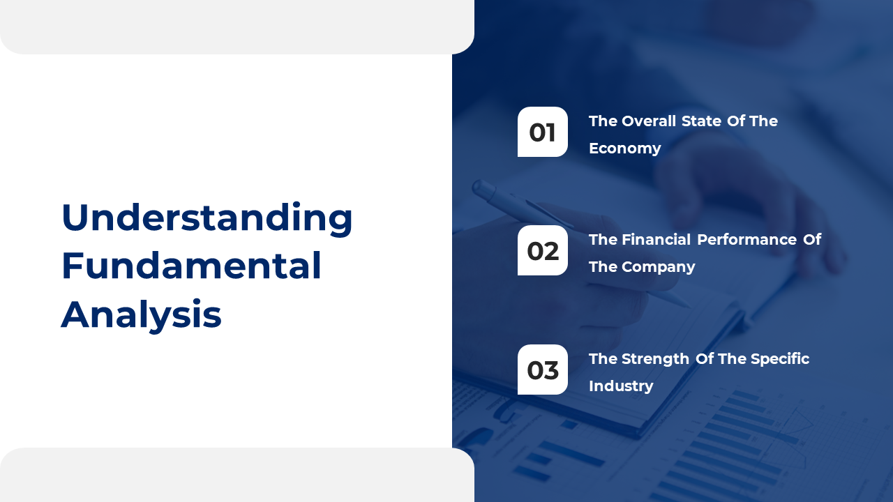 Split layout with blue background showing three numbered economic factors and white text title on left.