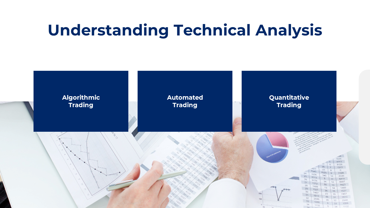Technical analysis slide with hands analyzing documents with three bold blue rectangles, labeled with types of trading.
