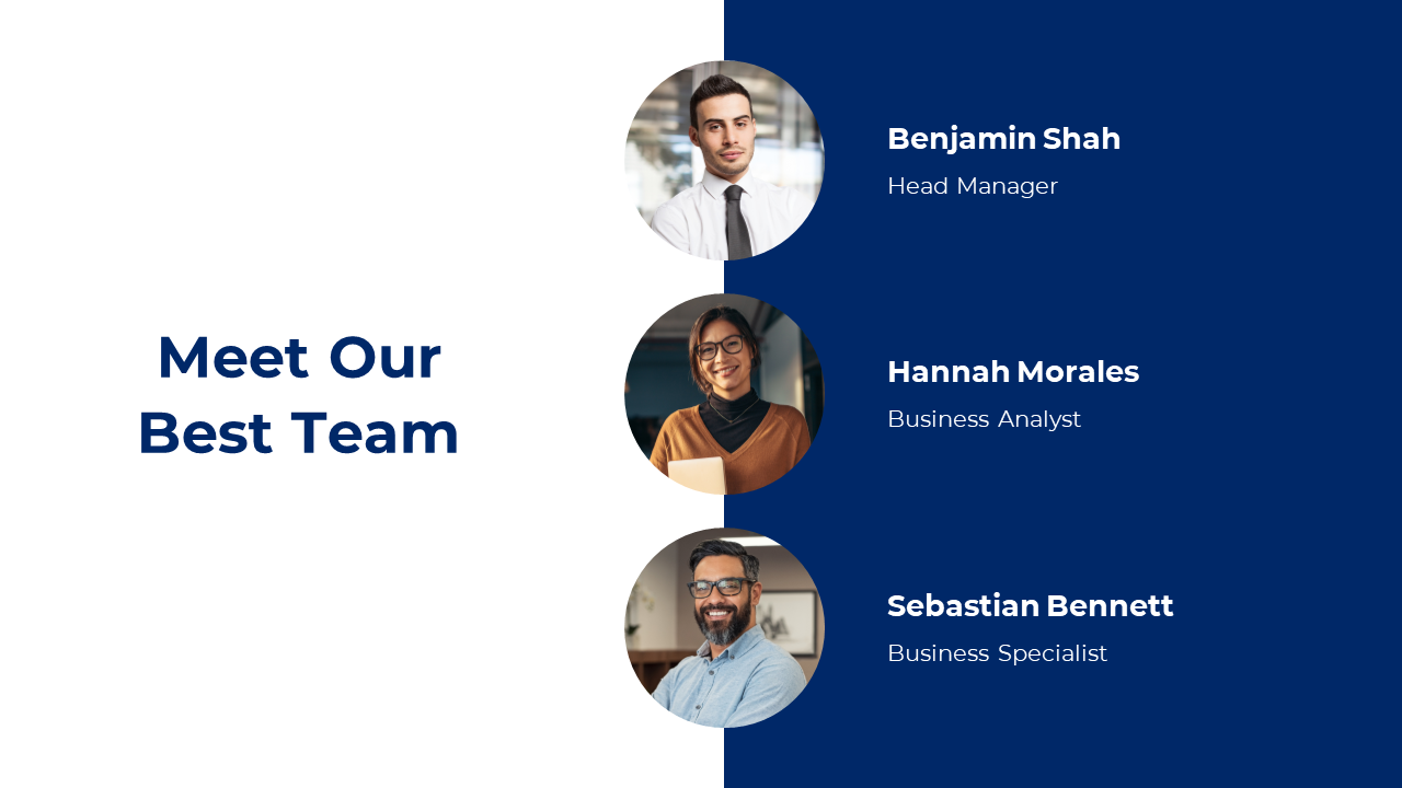 Split layout with white left side and dark blue right, showing three circular team photos and titles.