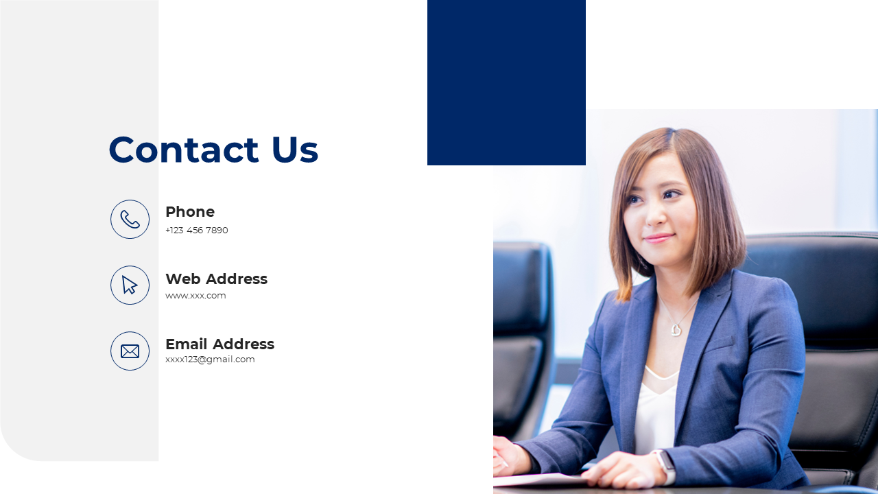 Clean contact layout with icons on left and photo of woman in blazer on right, using white and navy blocks.